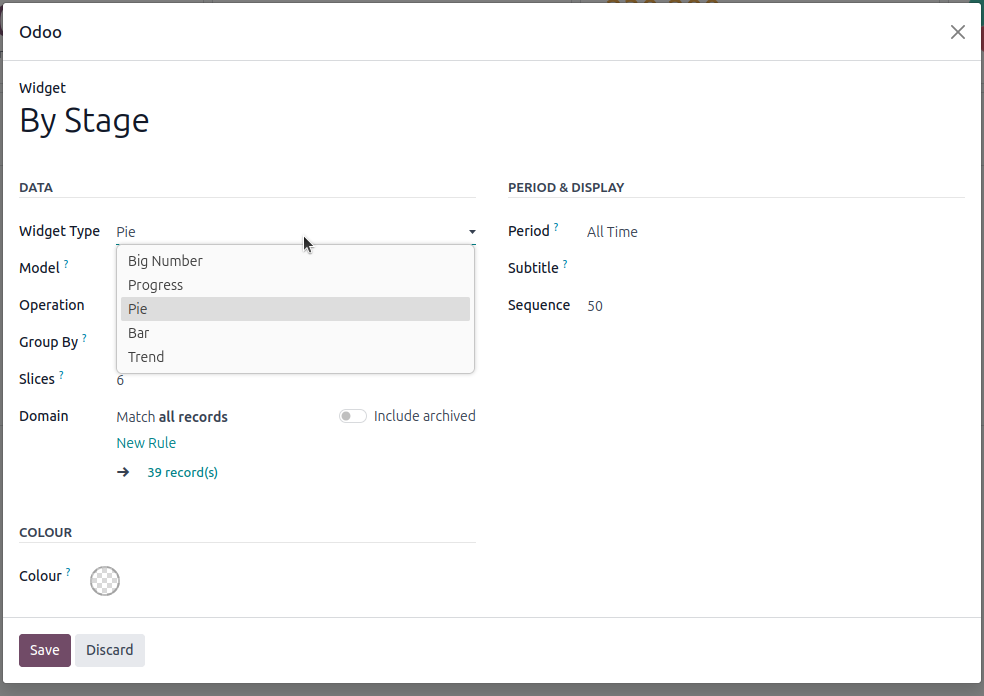 The widget type list: Big Number, Progress, Pie, Bar, Trend