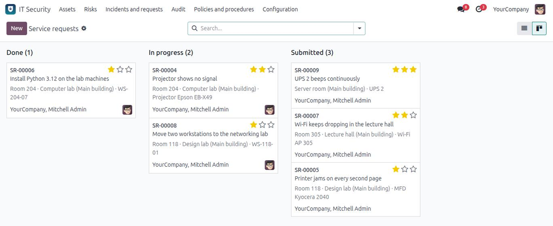 Service requests on the kanban board