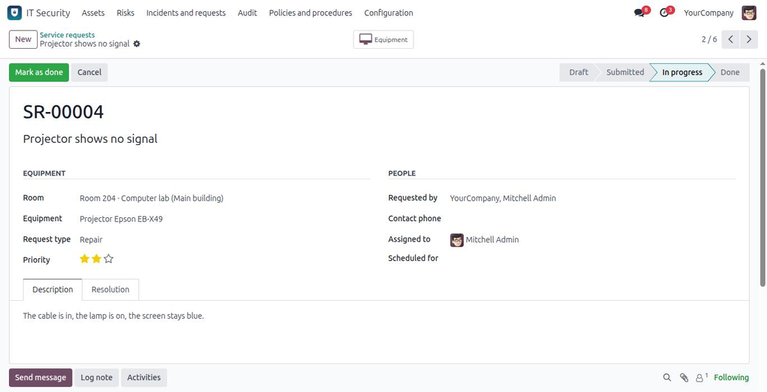 A service request in the back end