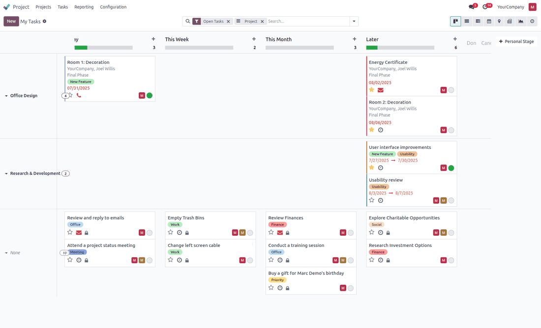 Project tasks pooled by project across personal stages