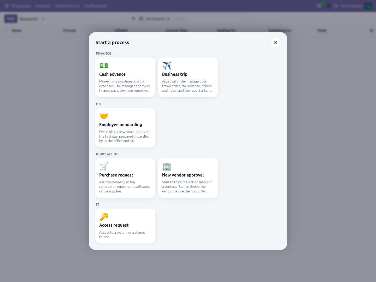The catalog of processes opened from the top bar