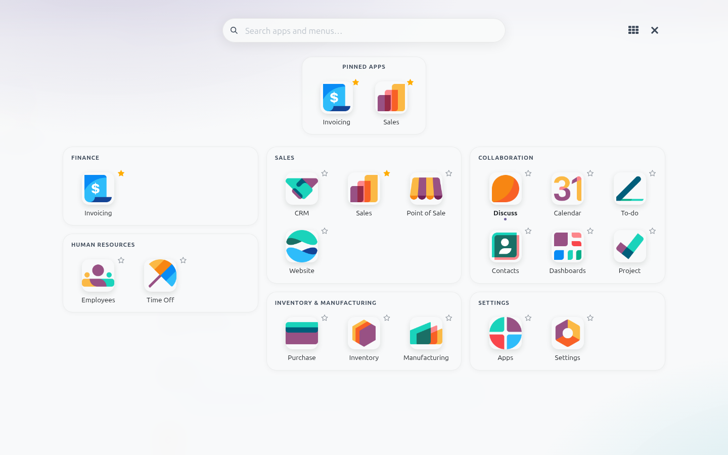 Apps grouped by area, pinned apps on top