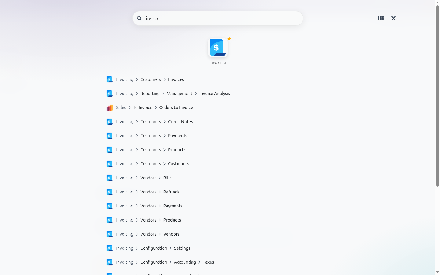 Search across all menu items with their paths