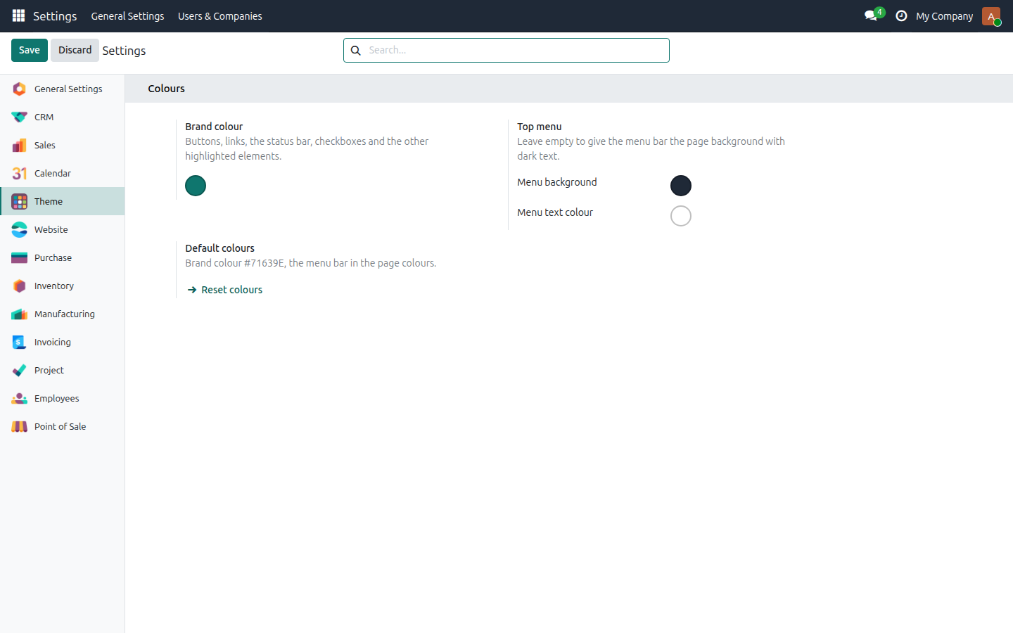 Theme tab in Settings with custom colours