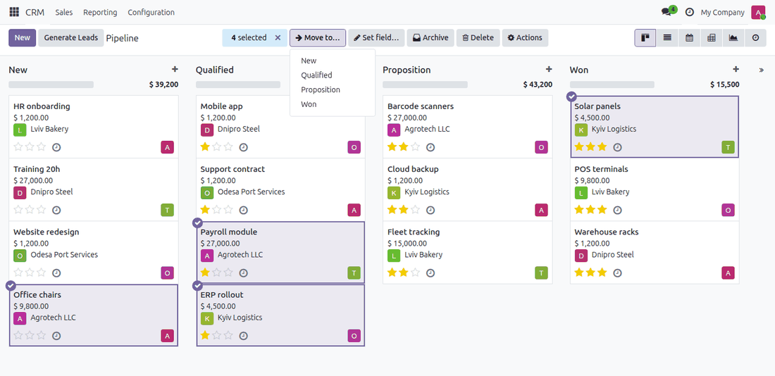 Selected CRM opportunities and the selection bar with Move to, Set field, Archive and Delete