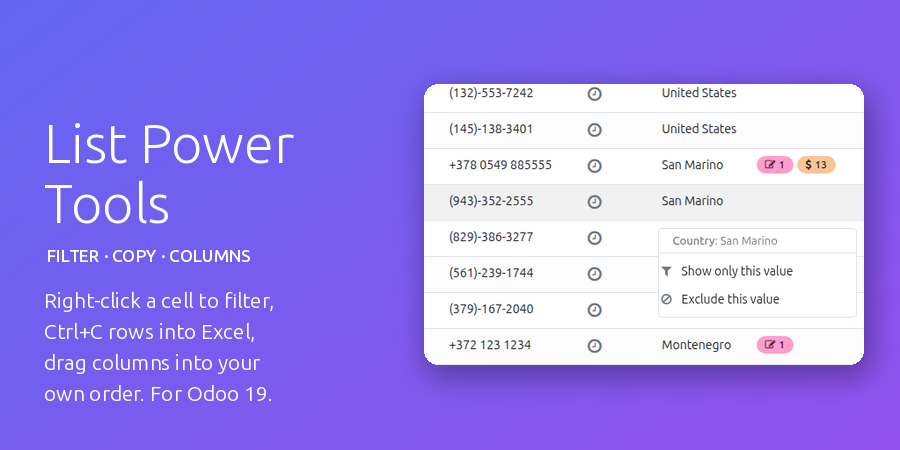 List Power Tools: filter by cell, copy to Excel, column layout